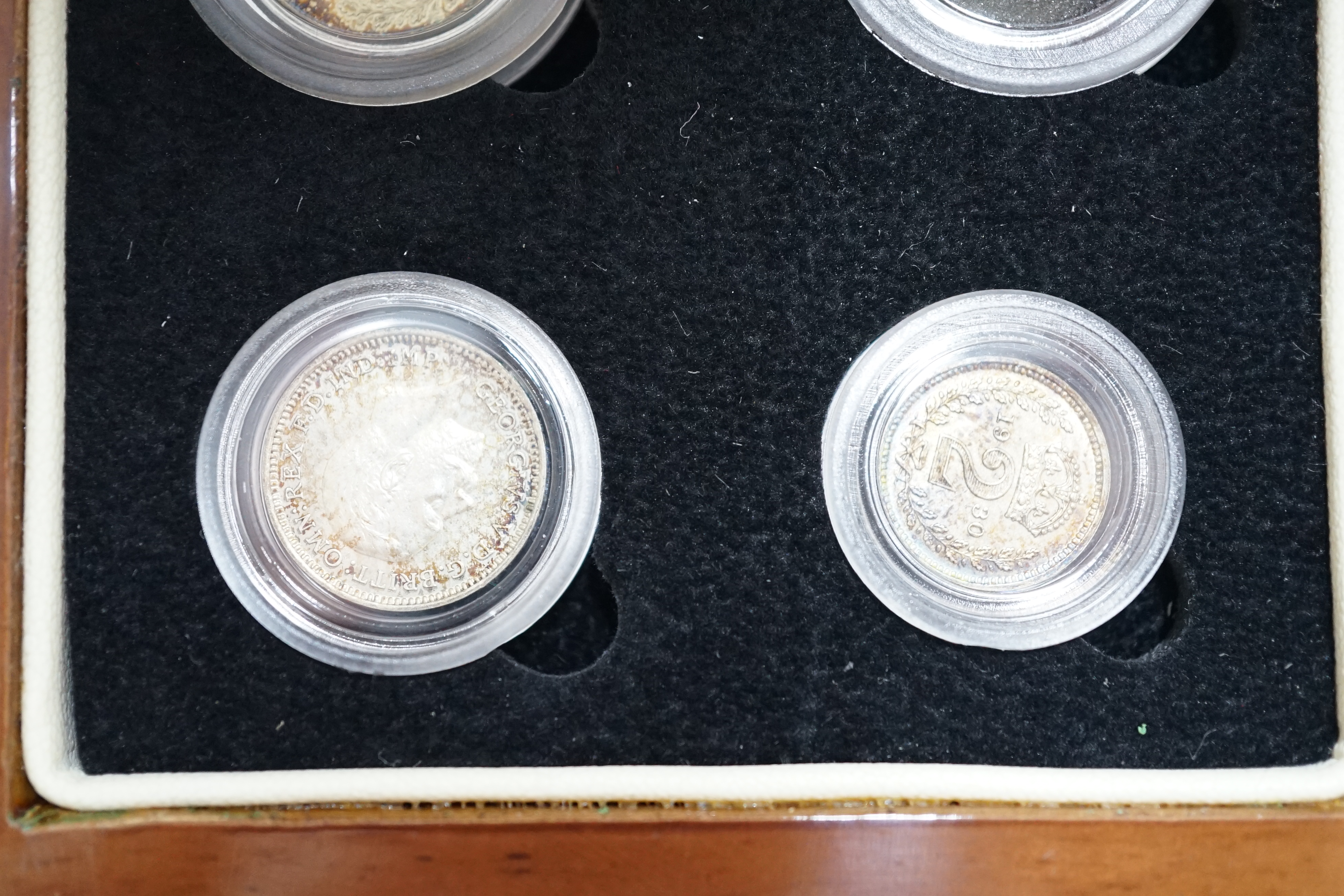 British silver coins, George V four coin set of Maundy coins, toned UNC, in London Mint case